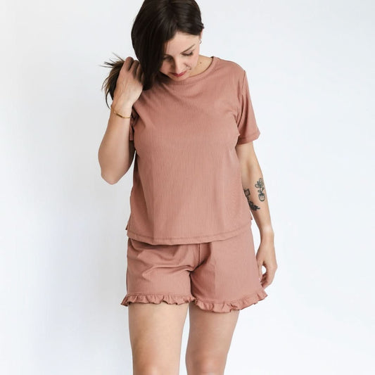 Ensemble de détente 2 pièces à manches courtes en bambou pour femme | Côtes Terracotta