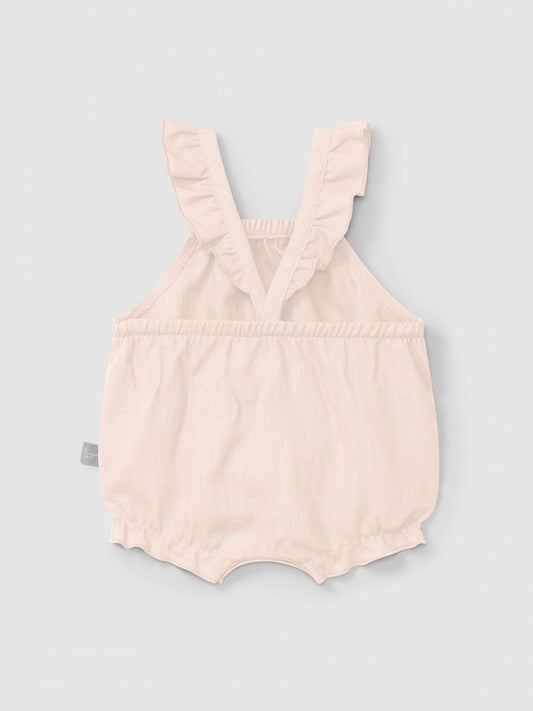 Shorty uni en lin et coton avec bretelles à volants | Rose | Ajusté