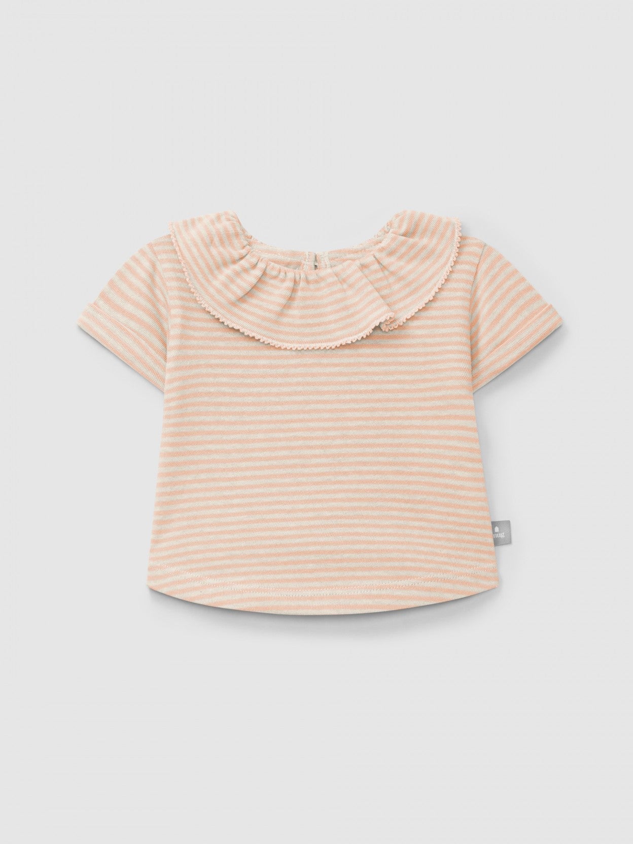 T-shirt rayé en coton à col volanté | Pêche | Près du corps
