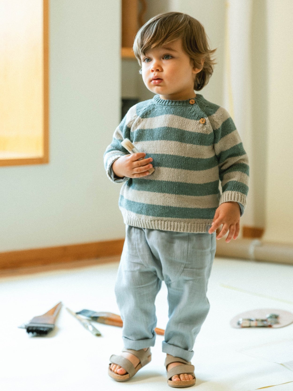 Pull tricoté rayé | Menthe/Lin | Ajusté