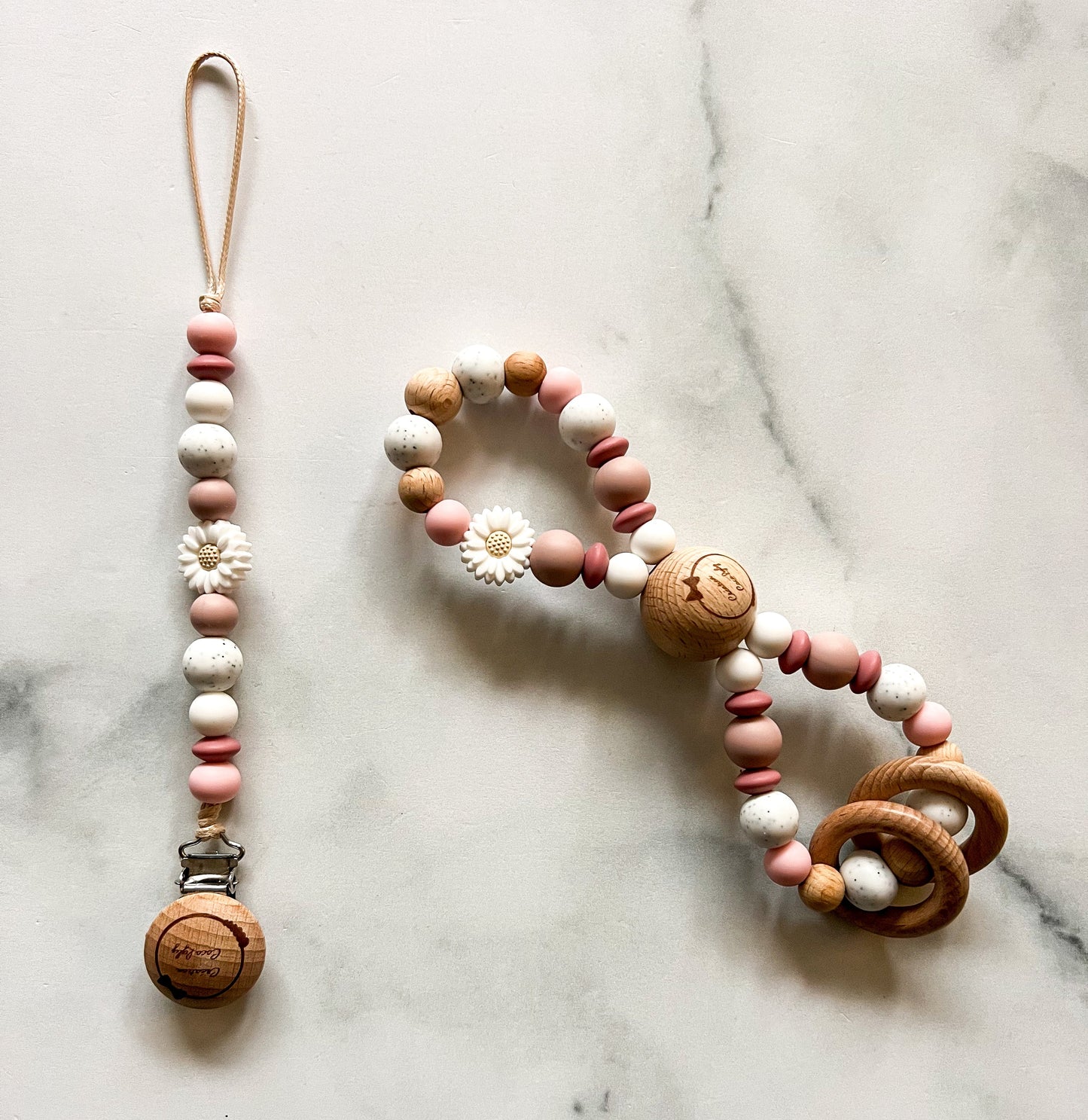 Pacifier Clip & Infinity Rattle Duo - Beige Daisy (see description)