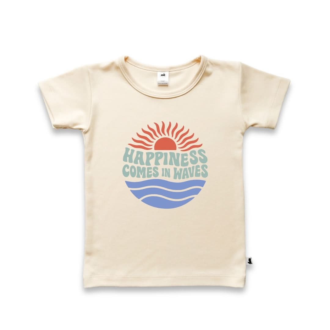 T-shirt graphique en bambou pour enfant | "Le bonheur arrive par vagues" | Crème