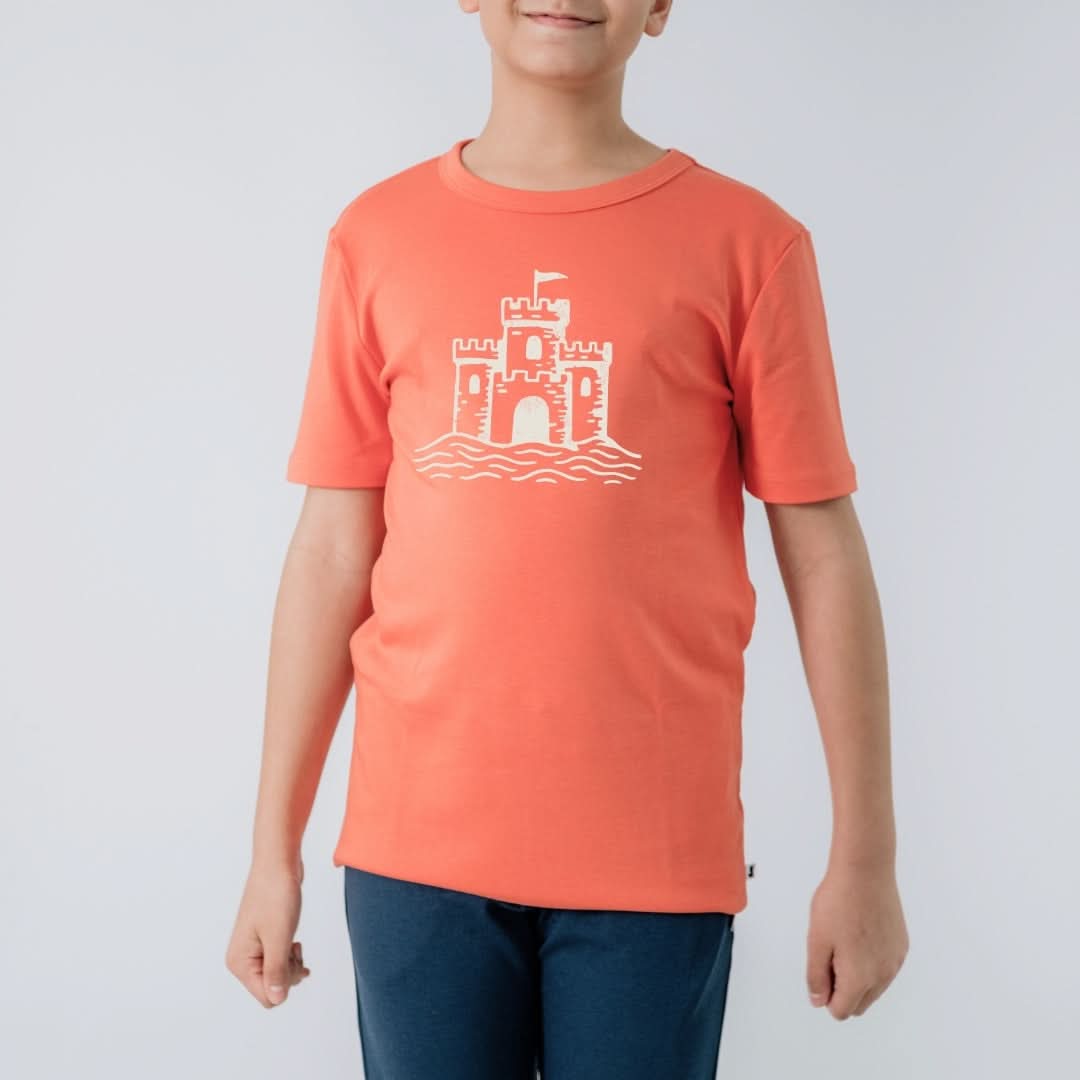 Youth Bamboo Graphic T-Shirt | "Sandcastle" on Tangerine Crush