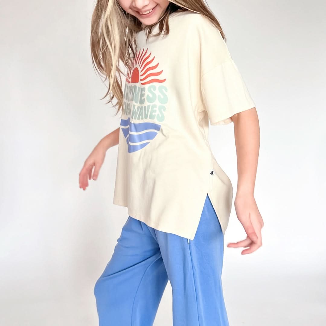 Youth Bamboo Graphic Oversized T-Shirt | "Happiness Comes In Waves" | Cream