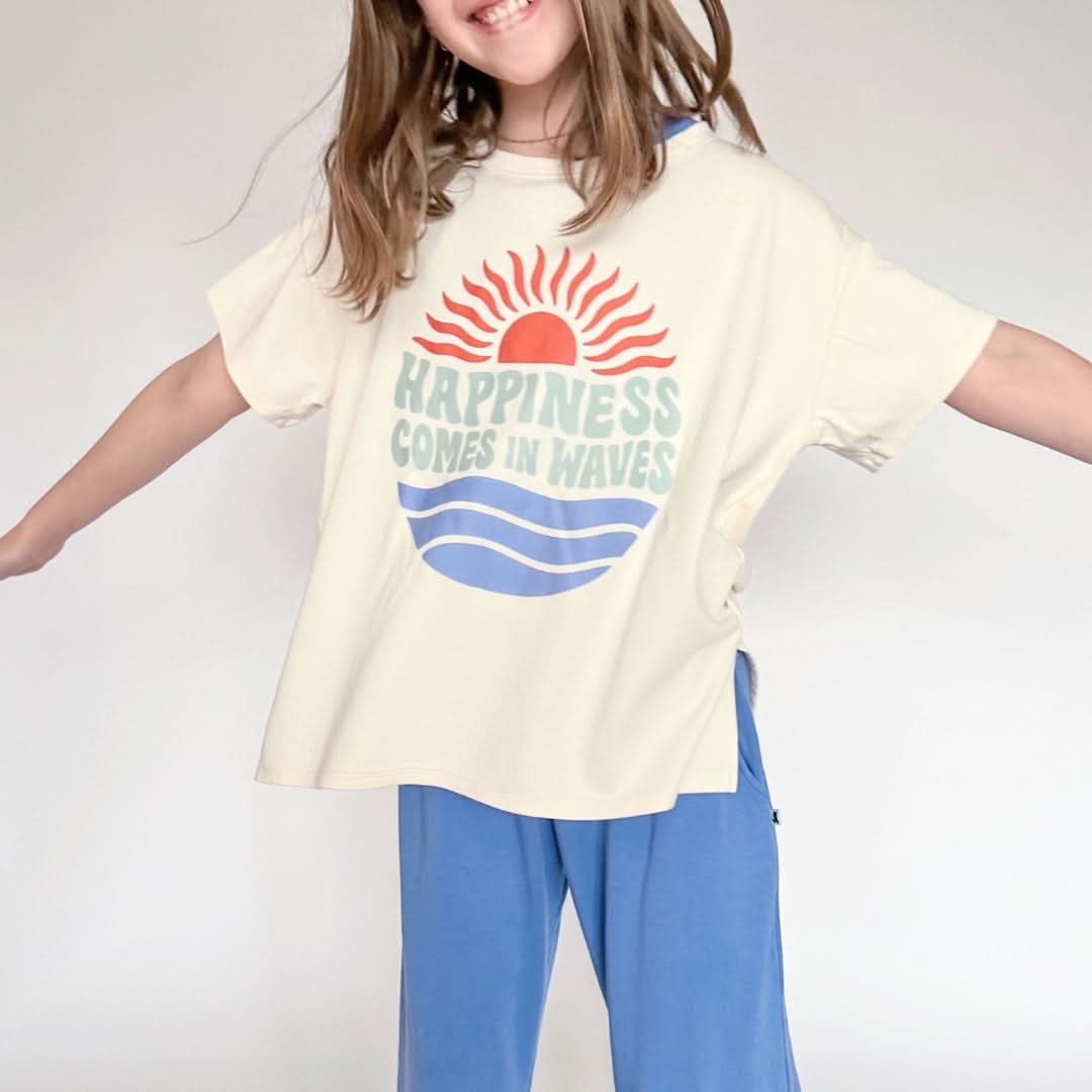 Youth Bamboo Graphic Oversized T-Shirt | "Happiness Comes In Waves" | Cream