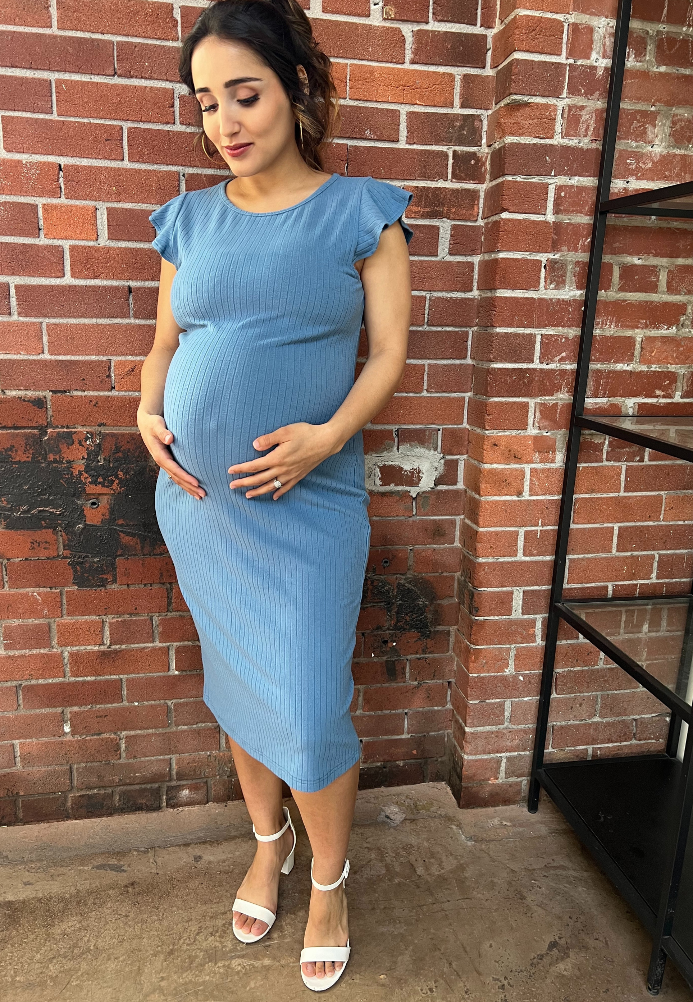Baby Blue Ribbed Ruffle-Sleeve Maternity Dress