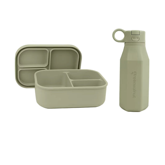 Ensemble de 3 Boîtes Bento et Bouteilles en Silicone (Rose + Bleu + Sauge)