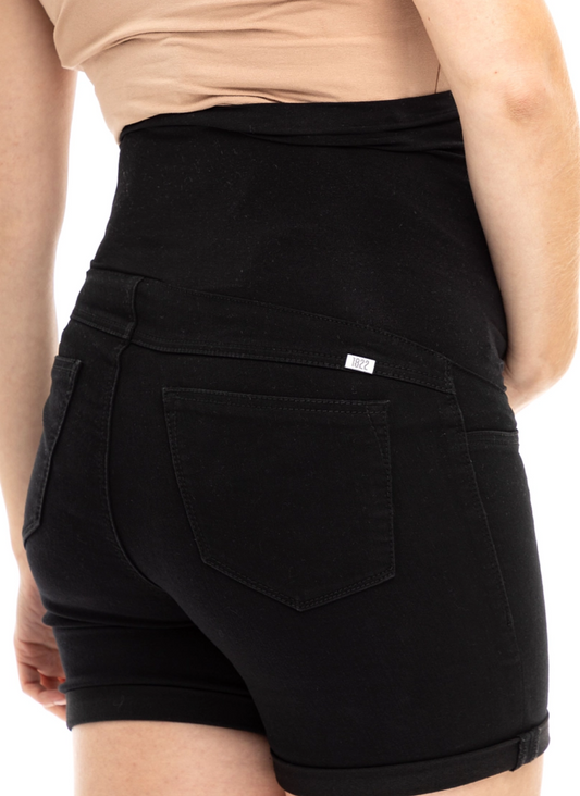 Black Roll-Hem Maternity Denim Shorts