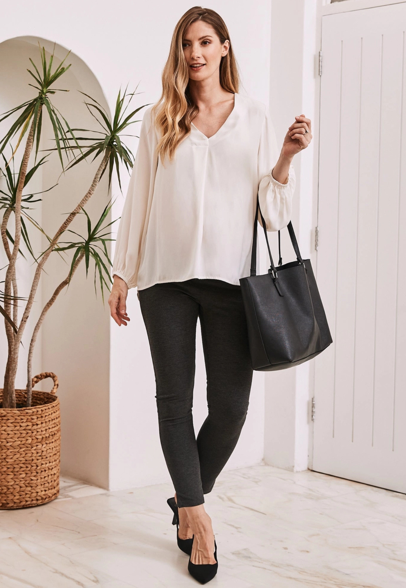 Louise Off-White V-Neck Maternity Work Blouse