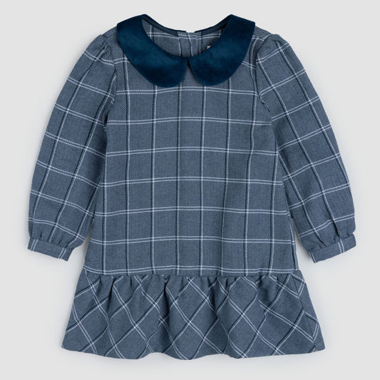 Robe col claudine en tweed à carreaux bleu marine | Miles The Label