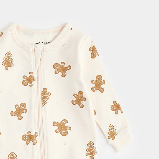 Gingerbread Print on Silver Peony Sleeper | Petit Lem