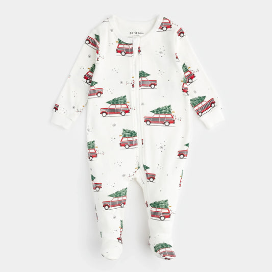 Footed Sleeper | Festive Cars Print on Off-White | Petit Lem