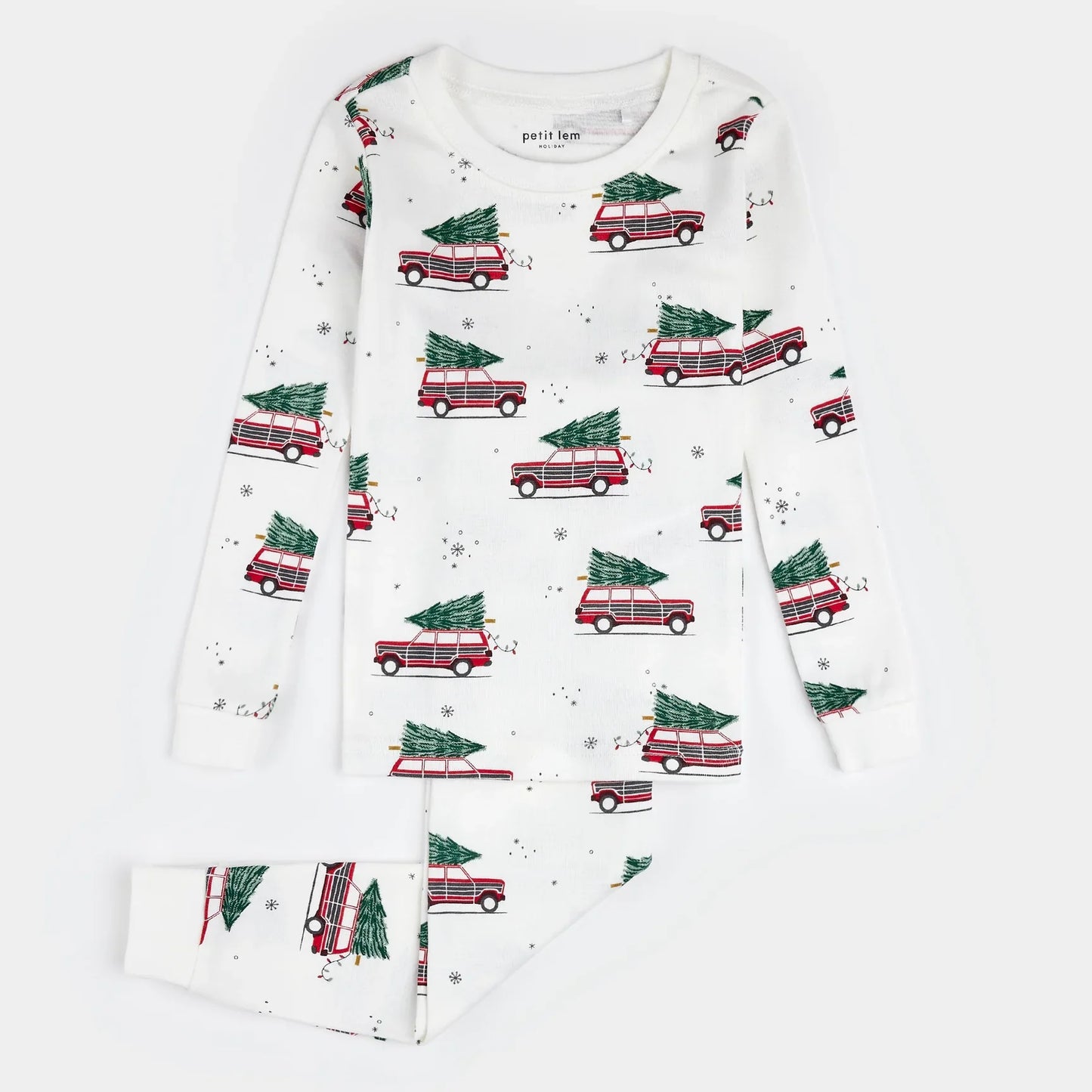 Ensemble de pyjama en molleton à imprimé voitures de Noël sur fond blanc cassé | Petit Lem