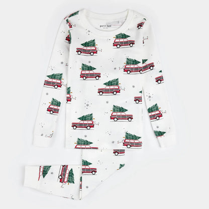 Ensemble de pyjama en molleton à imprimé voitures de Noël sur fond blanc cassé | Petit Lem