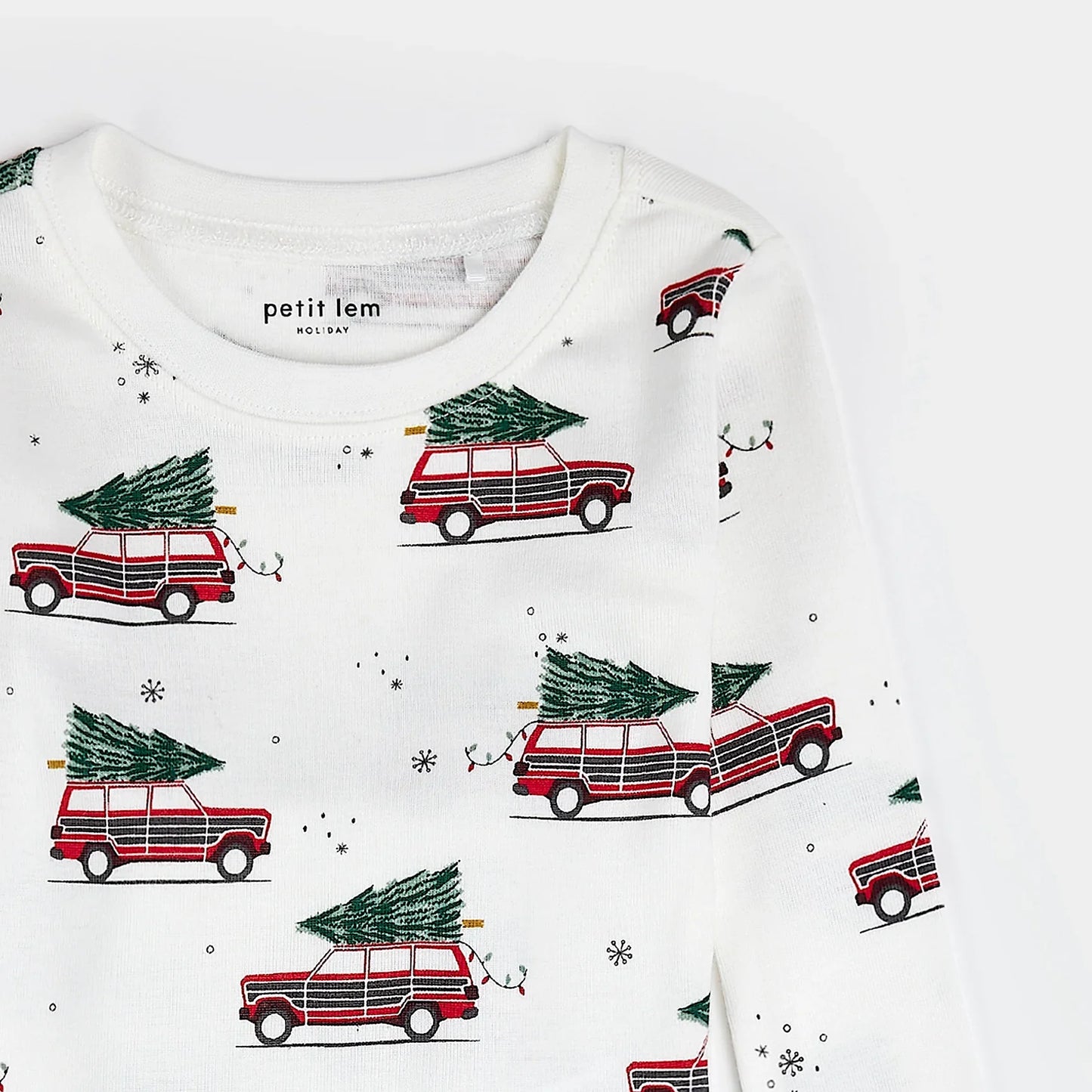 Ensemble de pyjama en molleton à imprimé voitures de Noël sur fond blanc cassé | Petit Lem