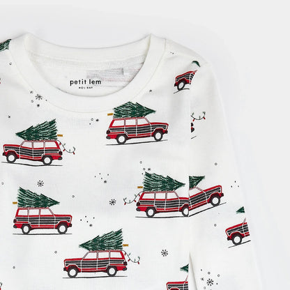Ensemble de pyjama en molleton à imprimé voitures de Noël sur fond blanc cassé | Petit Lem