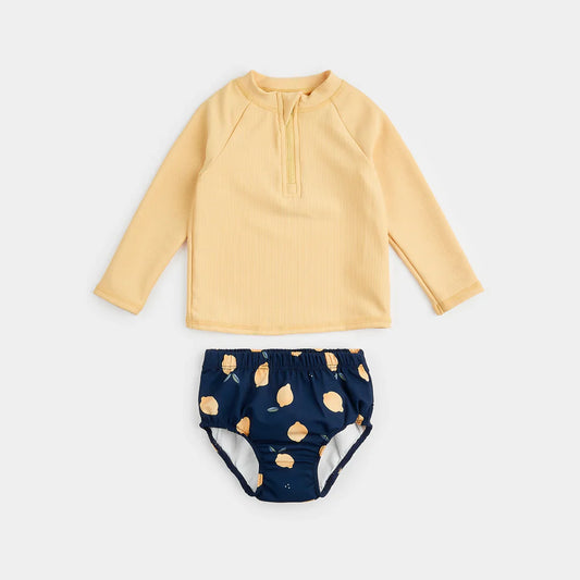 Ribbed Long-Sleeve Canary Rashguard Set With Lemon Print Swim Diaper | Petit Lem