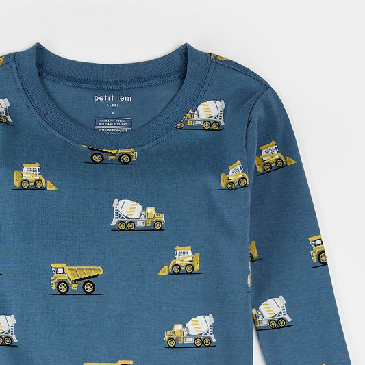PJ Set | Construction Truck Print on Cobalt Blue | Petit Lem