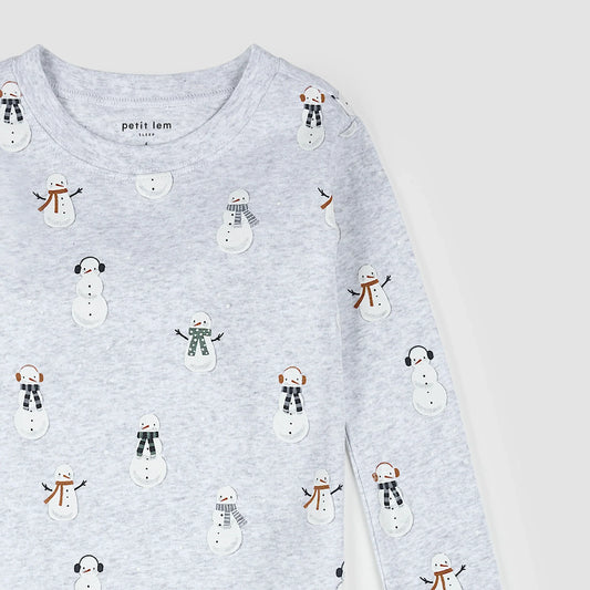PJ Set | Snowman Print on Heather Grey | Petit Lem