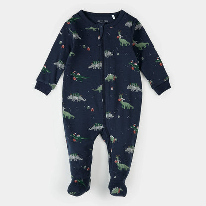 Grenouillère à pieds | Motif dinosaure des Fêtes sur fond marine | Petit Lem
