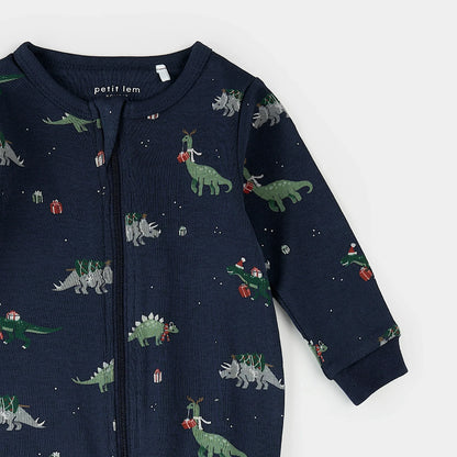 Grenouillère à pieds | Motif dinosaure des Fêtes sur fond marine | Petit Lem