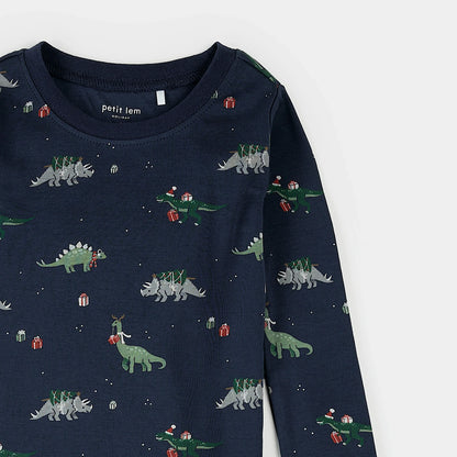 Ensemble pyjama | Imprimé dinosaures de Noël sur fond bleu marine | Petit Lem