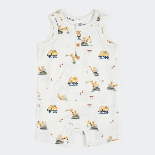 Sleeveless Romper | Diggers on White | Petit Lem