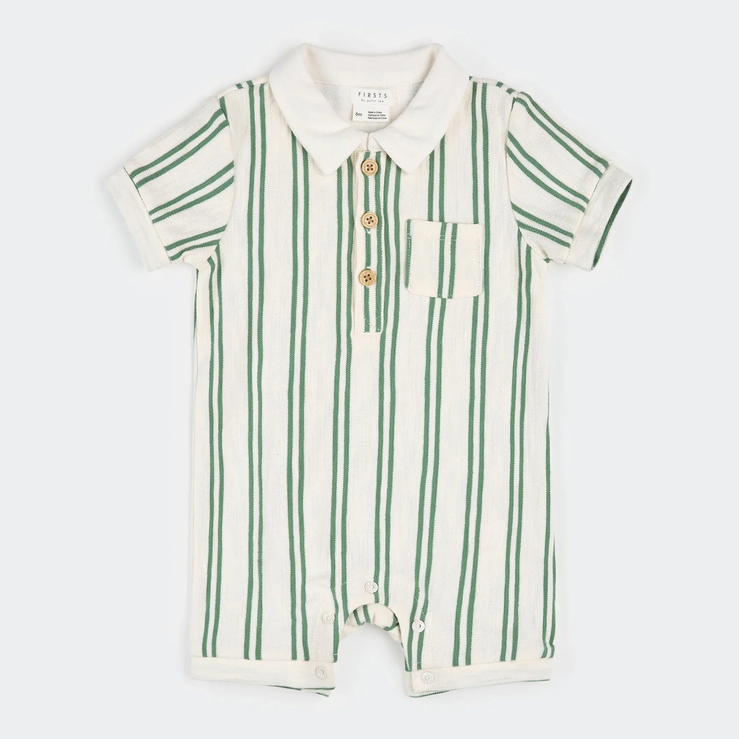 Collared Shortsleeved Romper | Green Stripe | Petit Lem
