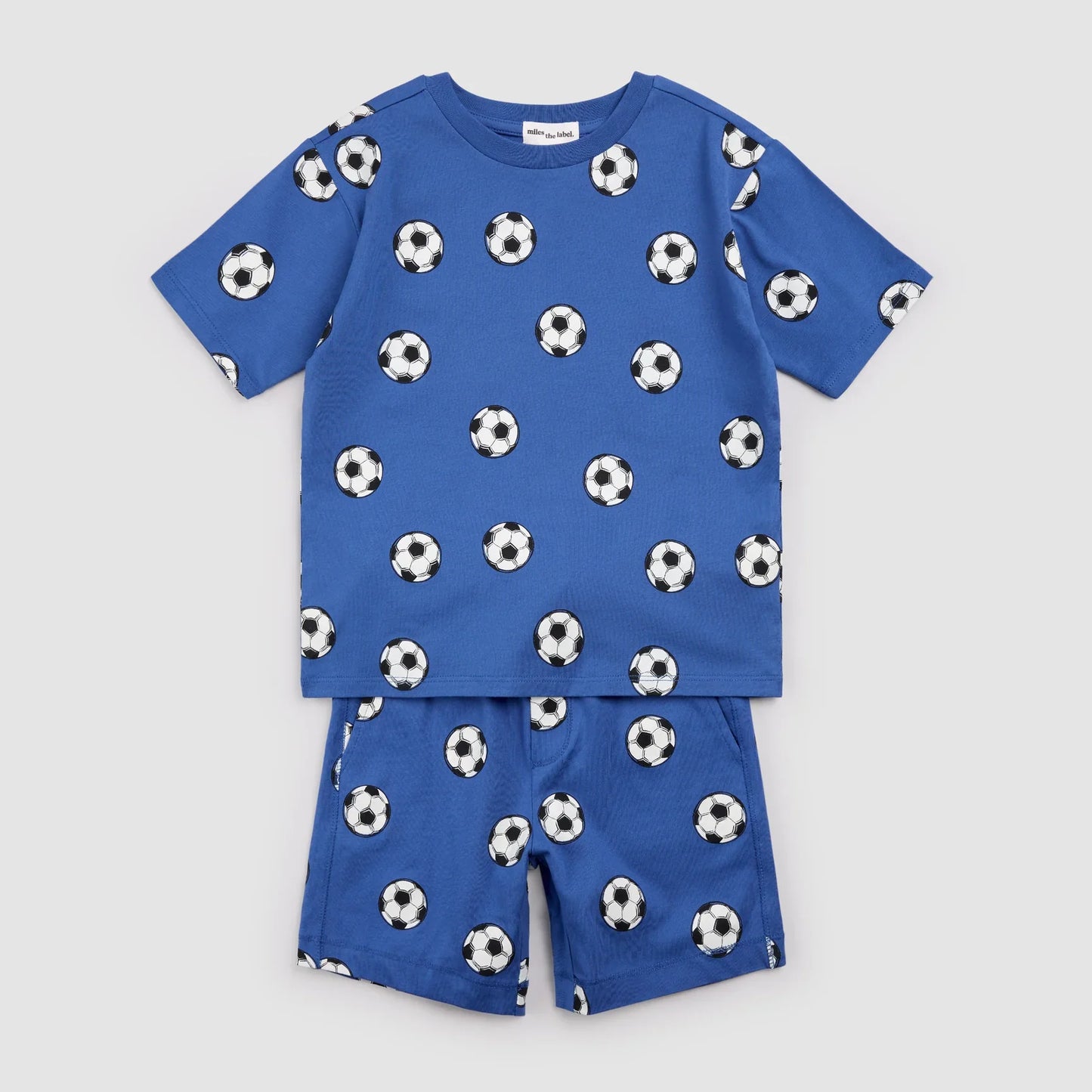 Ensemble t-shirt et short 2 pièces | Ballons de football sur bleu roi | Miles the Label