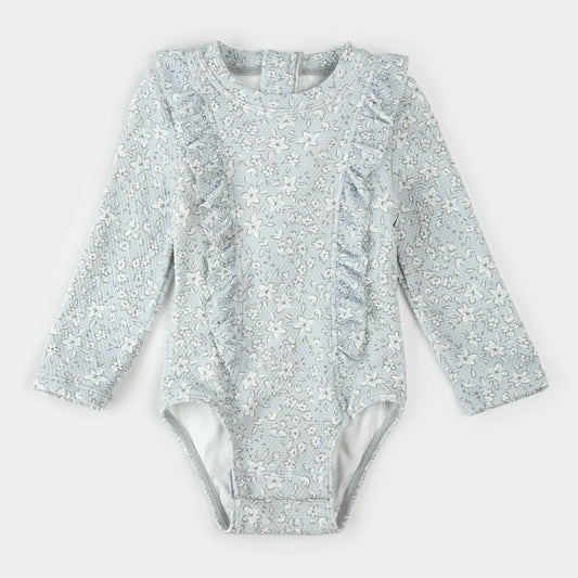 Long-Sleeve One-Piece Swimsuit | Vintage Flowers Print on Powder Blue | Petit Lem
