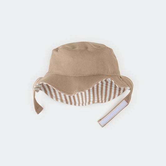 Reversible Sun Hat | Taupe Stripe Seersucker  | Petit Lem