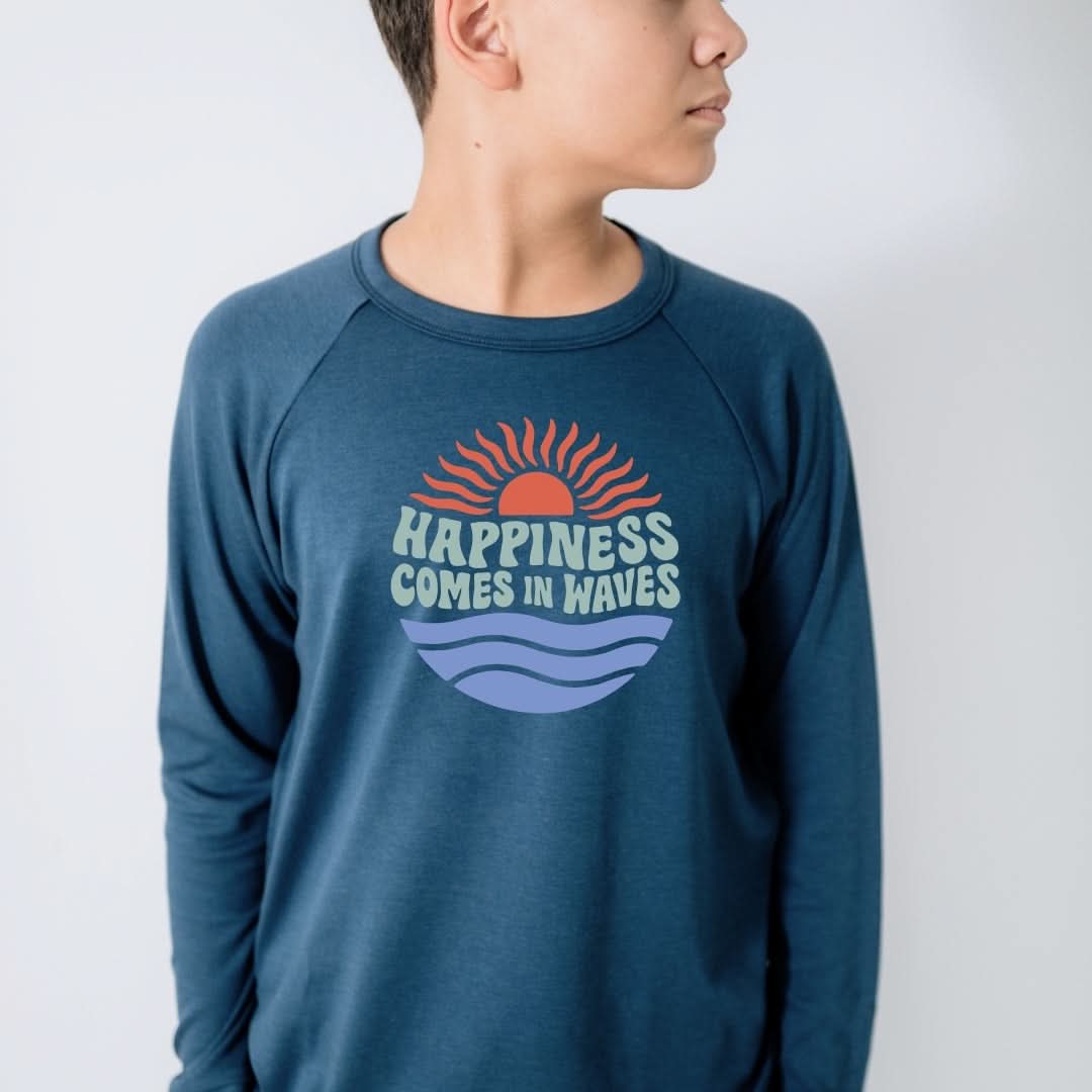 Youth Bamboo Graphic Raglan Pullover | "Happiness Comes In Waves" on Navy