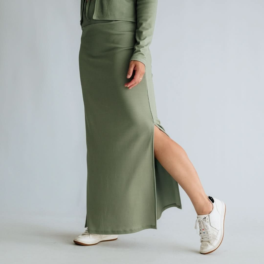 Jupe longue fendue en bambou pour femme | Sauge