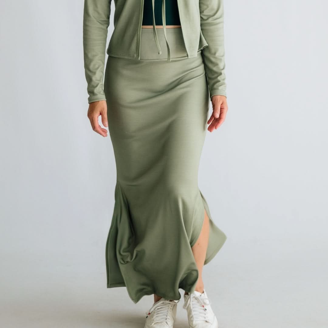 Jupe longue fendue en bambou pour femme | Sauge