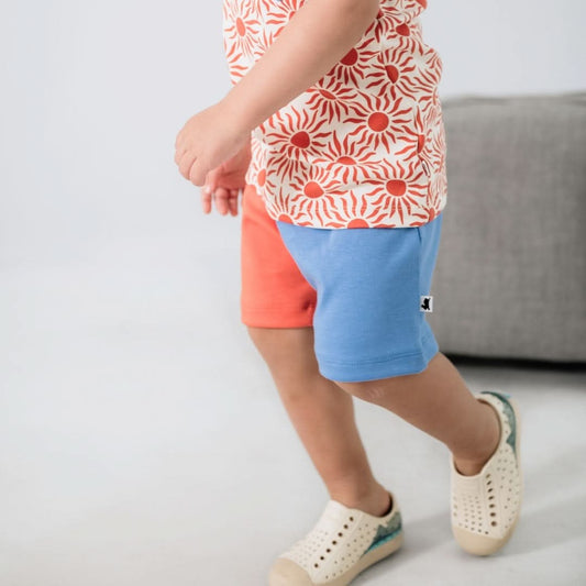 Shorts de jeu en bambou pour enfant | Mandarine écrasée et bleu de marée