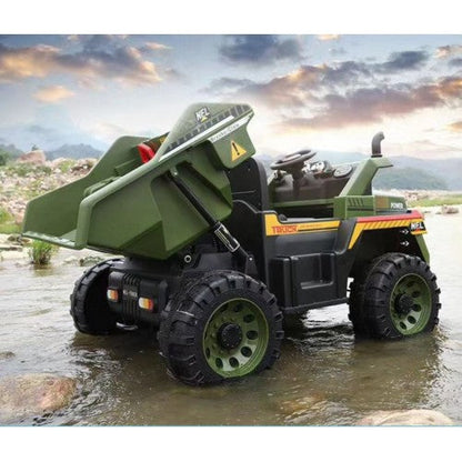 Camion benne 12 V biplace pour enfants 2026 avec télécommande et benne basculante électronique
