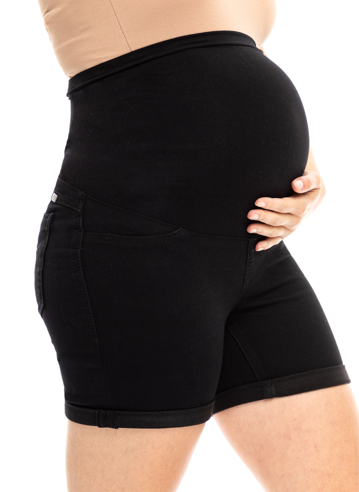 Black Roll-Hem Maternity Denim Shorts