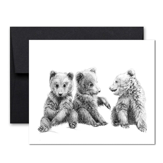 Carte de vœux avec 3 bébés ours grizzlis en train de se saluer