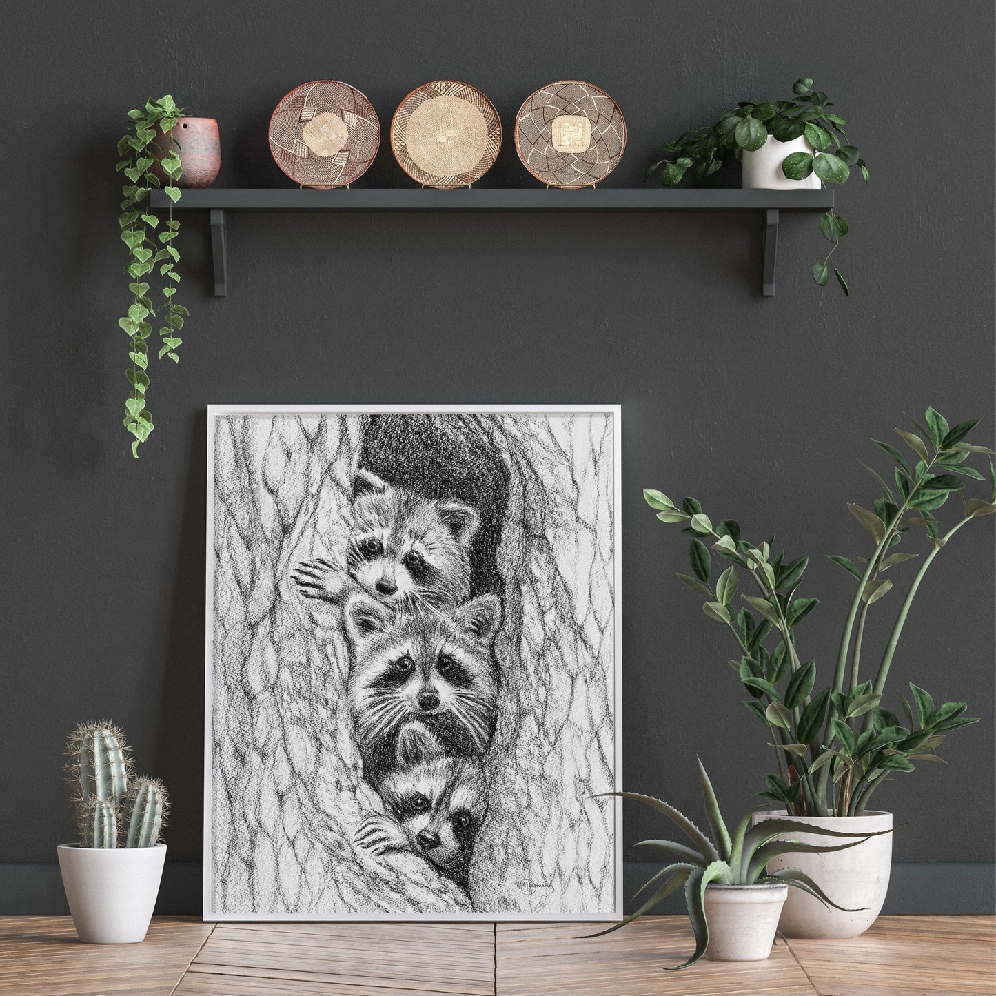 3 Ratons laveurs dans un arbre - impression d'art animalier