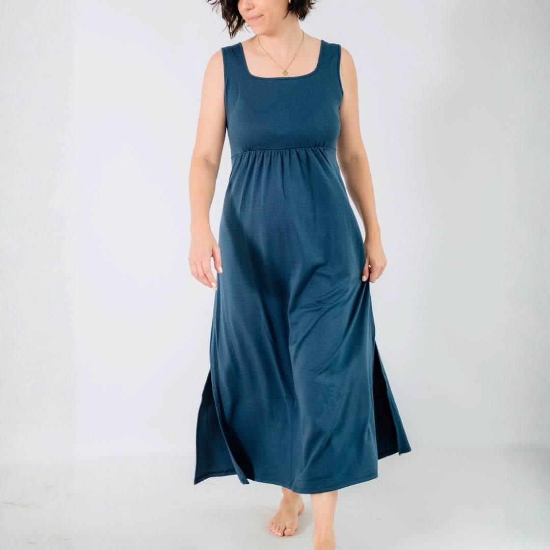 Robe longue trapèze en bambou à encolure carrée pour femme | Marine