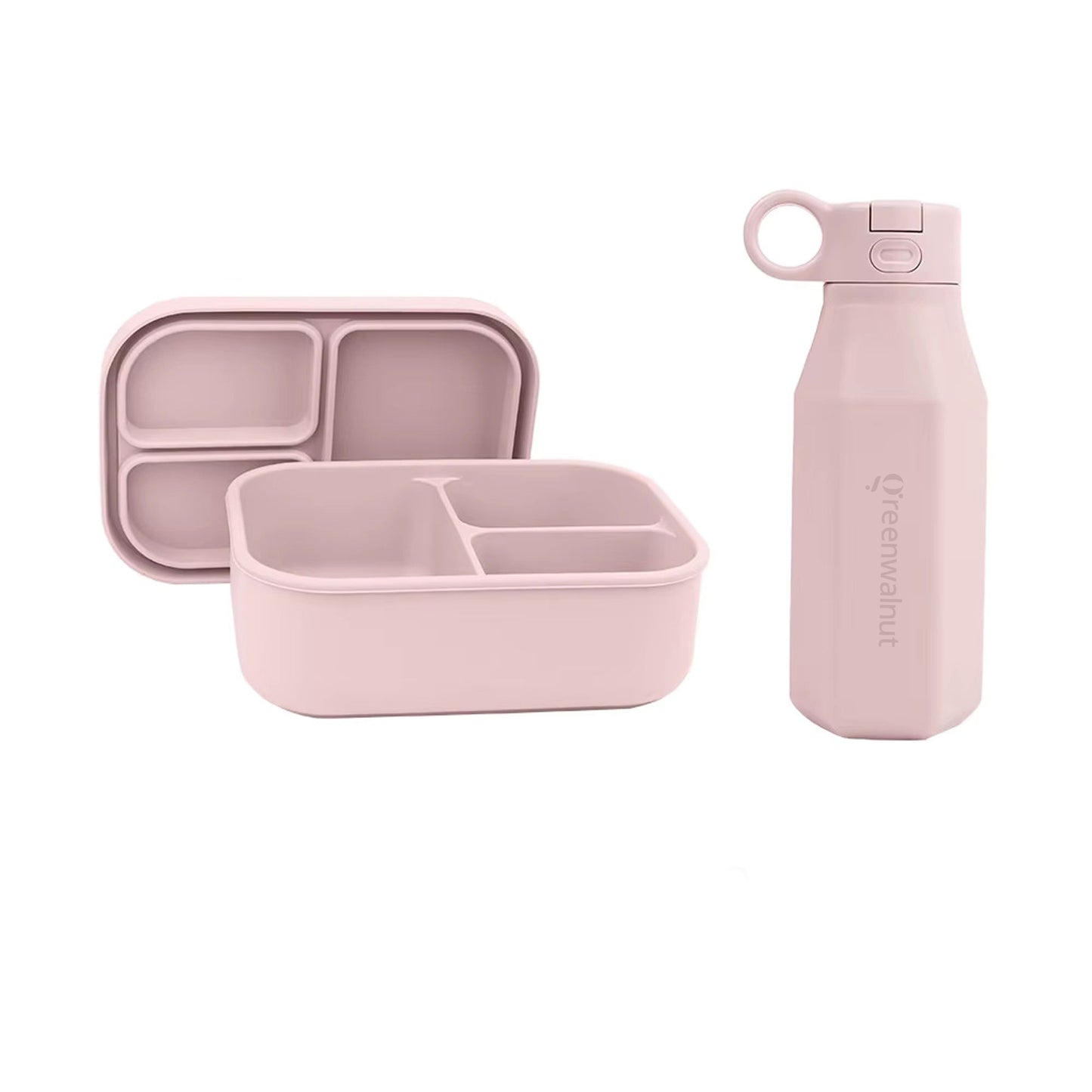 Ensemble de 3 Boîtes Bento et Bouteilles en Silicone (Rose + Bleu + Sauge)
