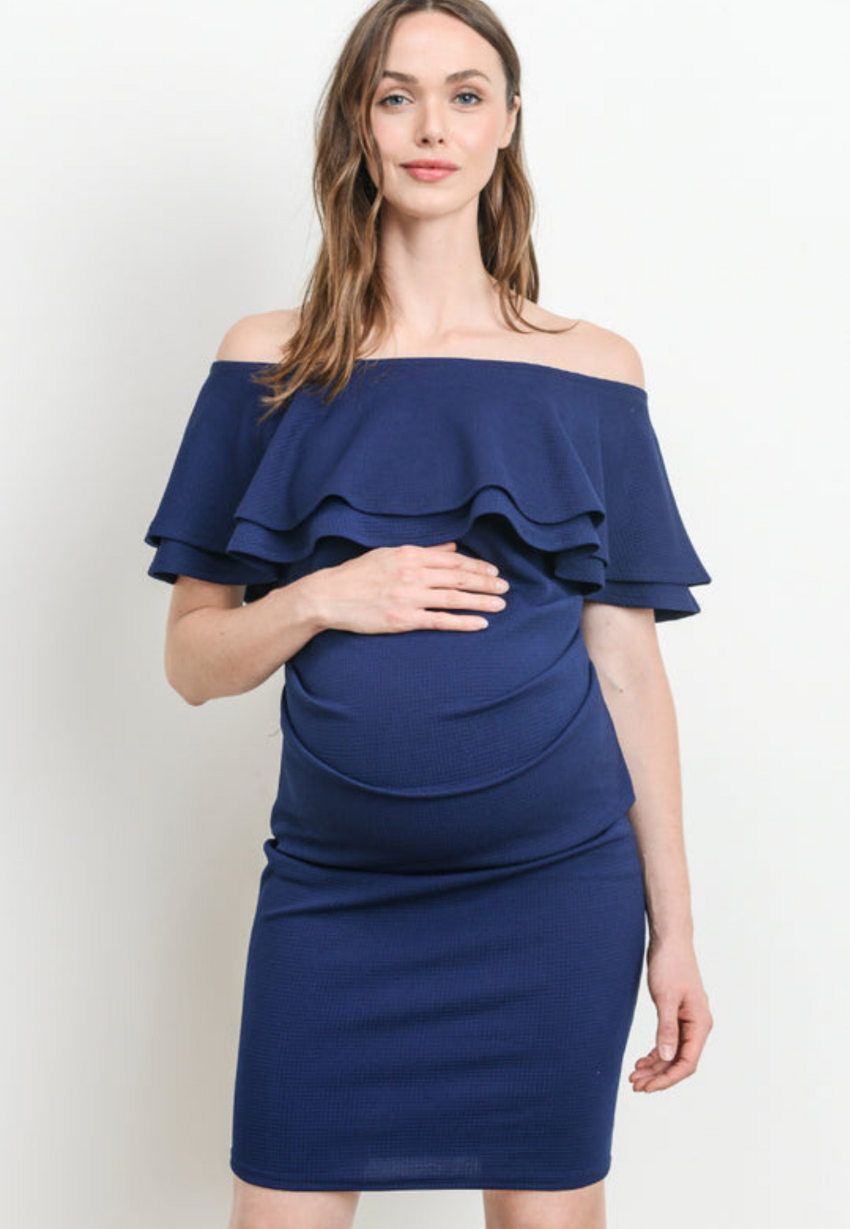 Robe de maternité épaules dénudées à double volant