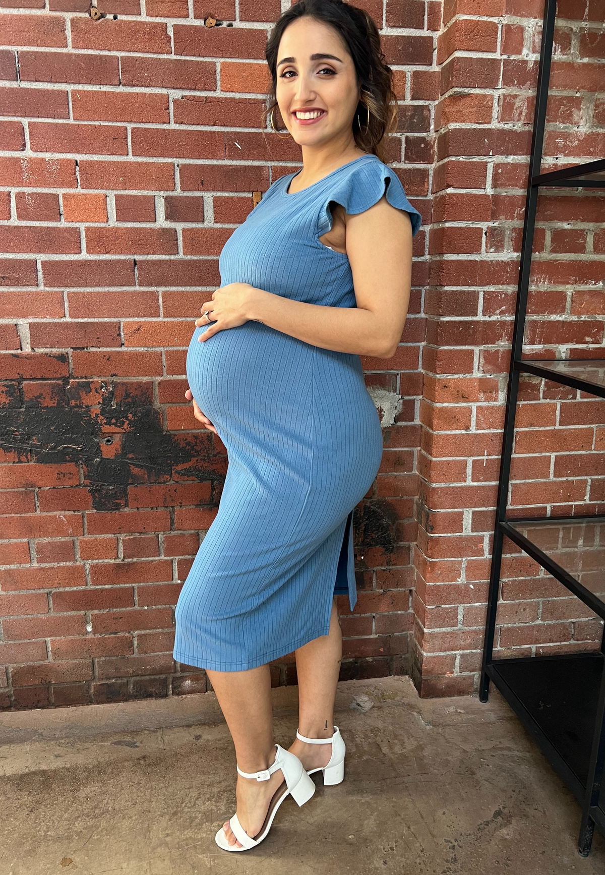 Baby Blue Ribbed Ruffle-Sleeve Maternity Dress