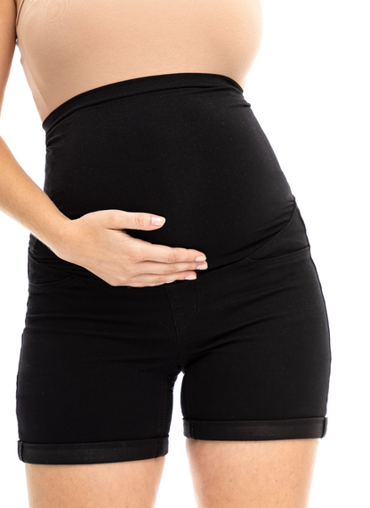 Black Roll-Hem Maternity Denim Shorts
