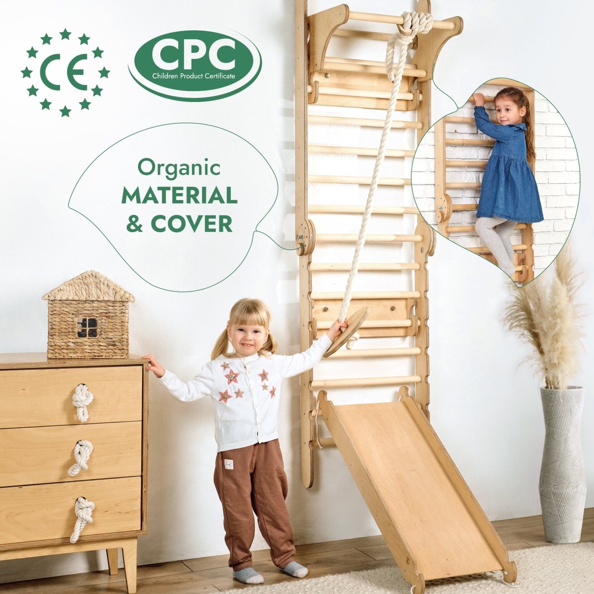 6 en 1 : Espalier suédois en bois / Échelle de grimpe pour enfants + Balançoire + Planche de glisse