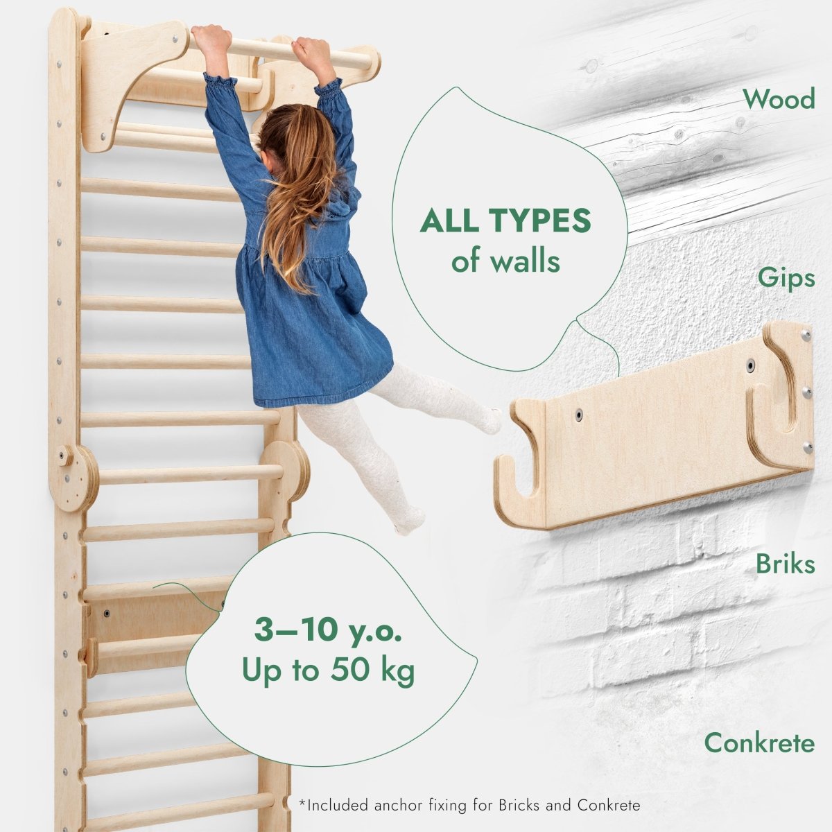6 en 1 : Espalier suédois en bois / Échelle de grimpe pour enfants + Balançoire + Planche de glisse