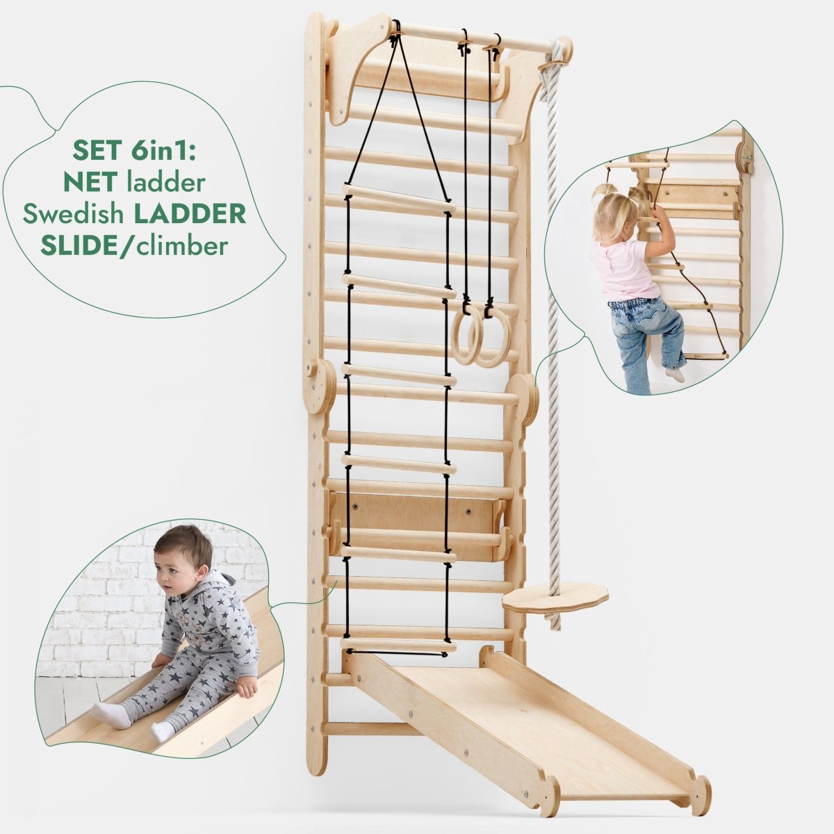 6 en 1 : Espalier suédois en bois / Échelle de grimpe pour enfants + Balançoire + Planche de glisse