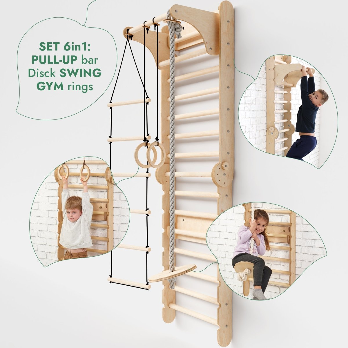 6 en 1 : Espalier suédois en bois / Échelle de grimpe pour enfants + Balançoire + Planche de glisse