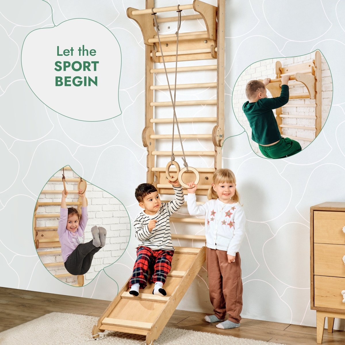 6 en 1 : Espalier suédois en bois / Échelle de grimpe pour enfants + Balançoire + Planche de glisse
