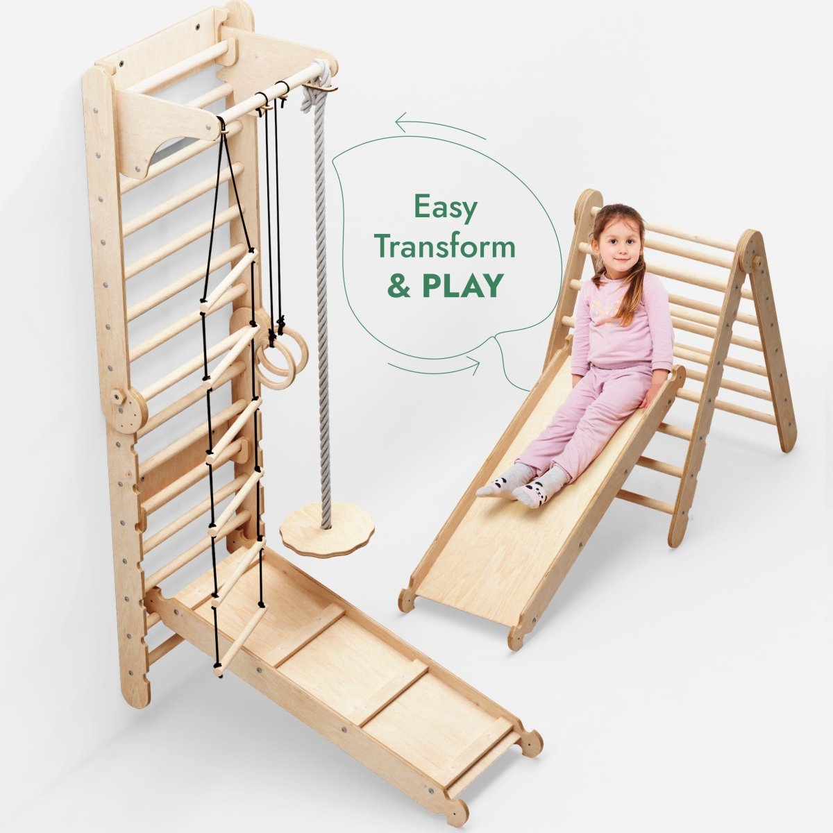 6 en 1 : Espalier suédois en bois / Échelle de grimpe pour enfants + Balançoire + Planche de glisse